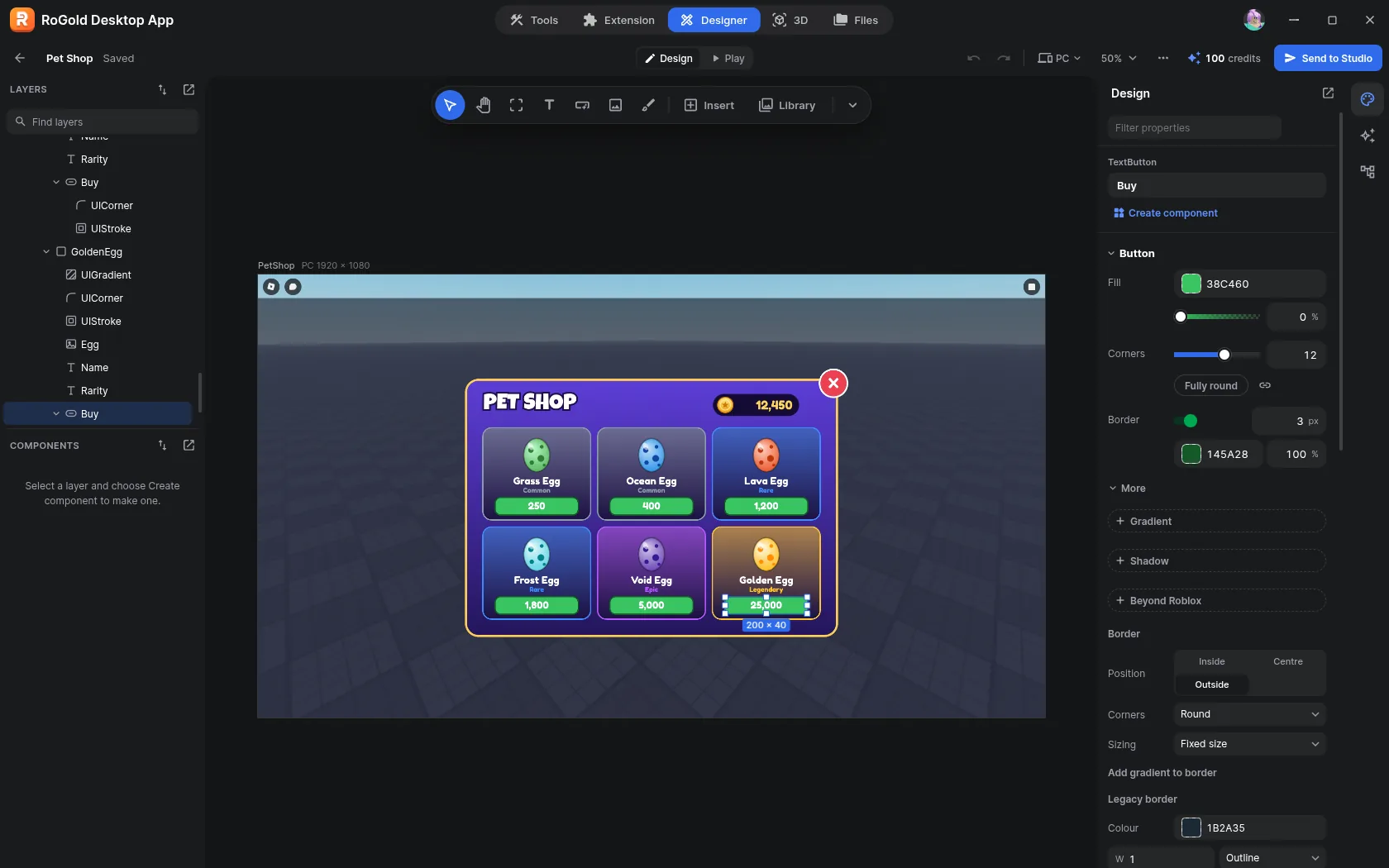 The Designer in the RoGold desktop app, with a pet shop screen open and its Buy button chosen