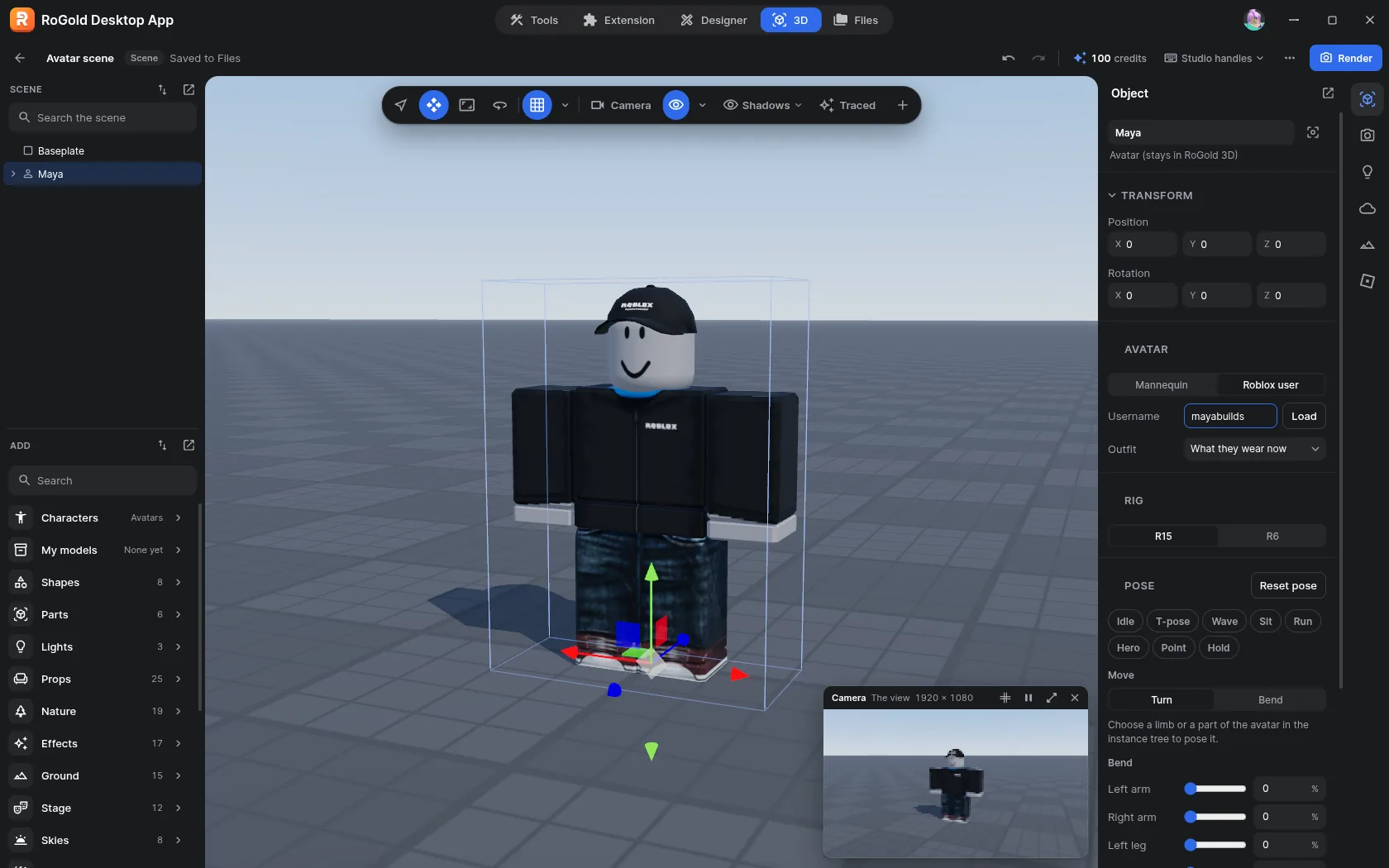 RoGold 3D in the desktop app, with an avatar standing on the Baseplate