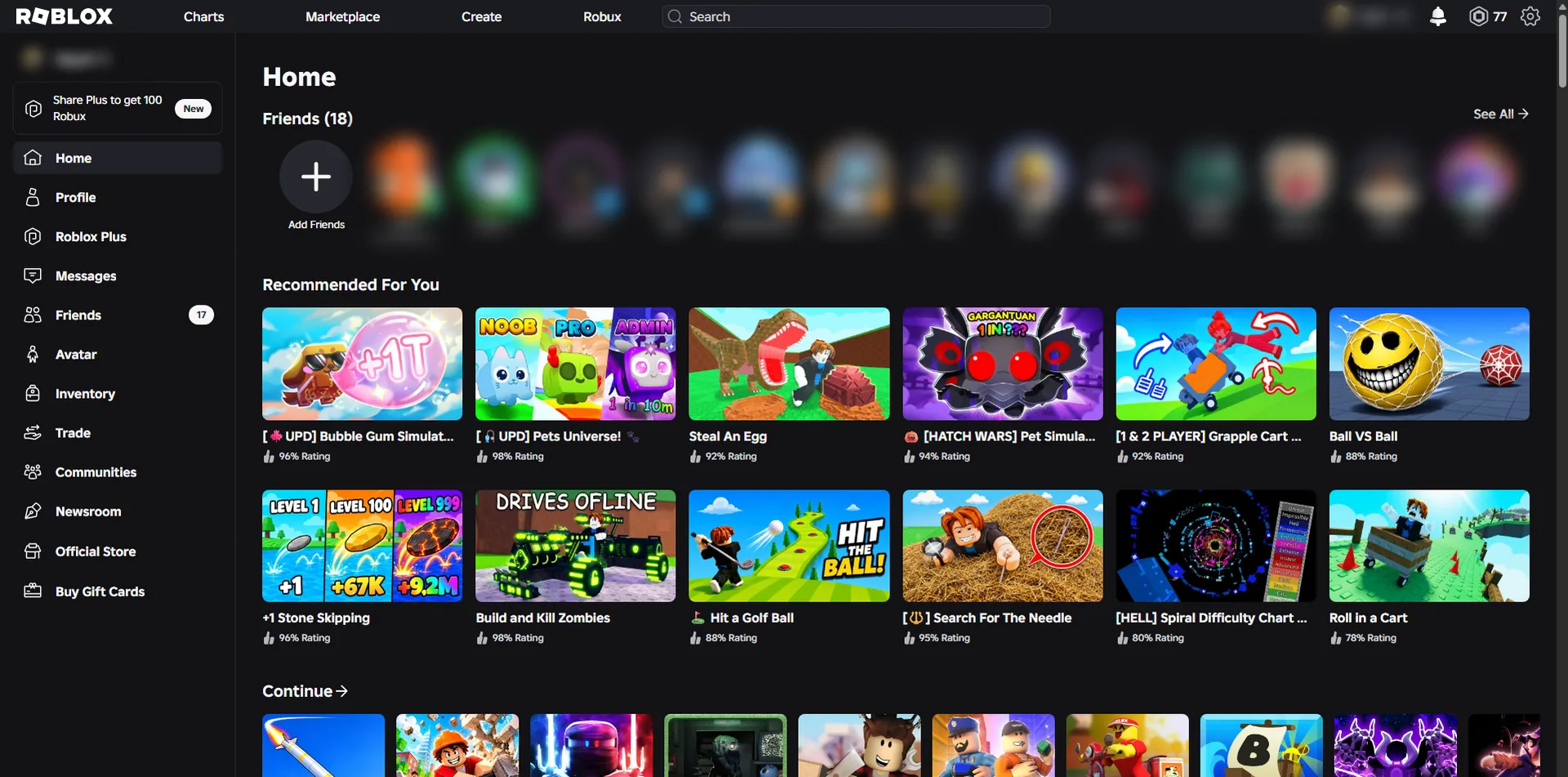 The Roblox home page as Roblox ships it